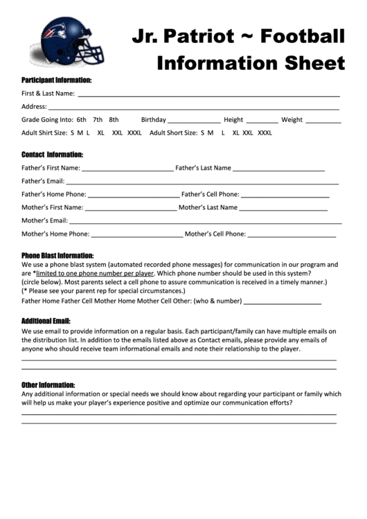 Jr. Patriot Football Information Sheet Printable pdf