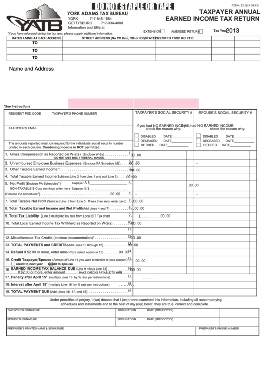 Fillable Form 32-1 - Earned Income Tax Return 2013 Printable pdf