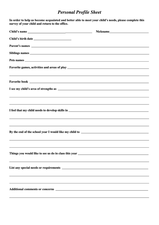 Fillable Student'S Personal Profile Sheet printable pdf download