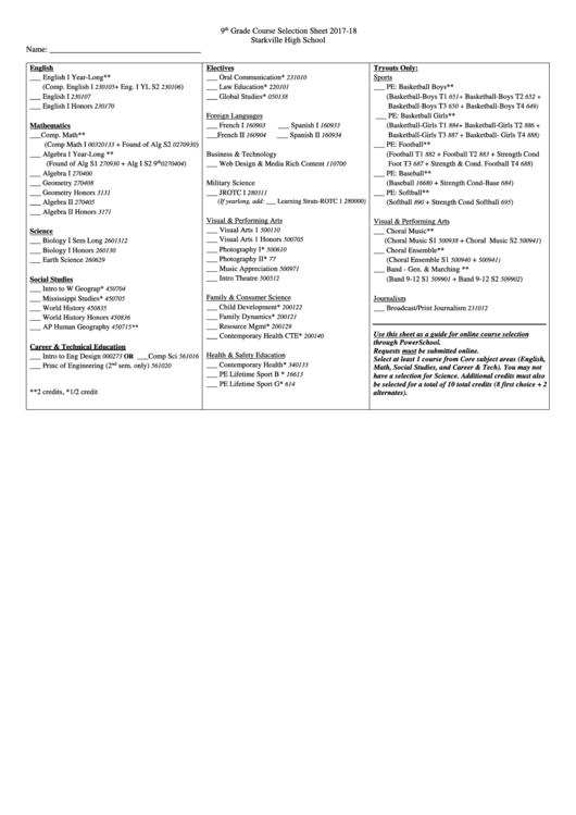 9th Grade Course Selection Sheet Printable pdf