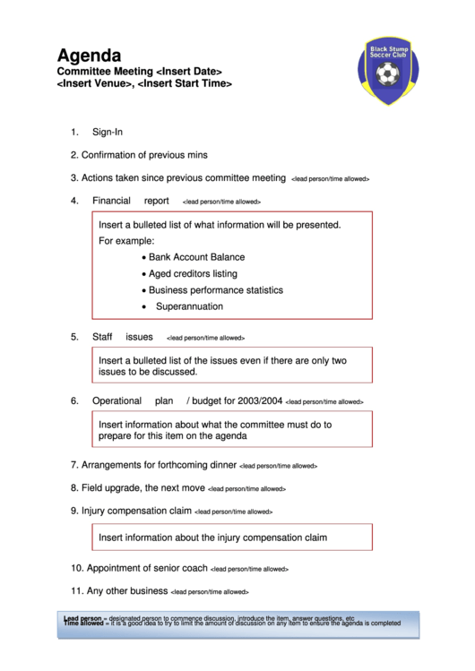 Sample Template For A Meeting Agenda Printable pdf