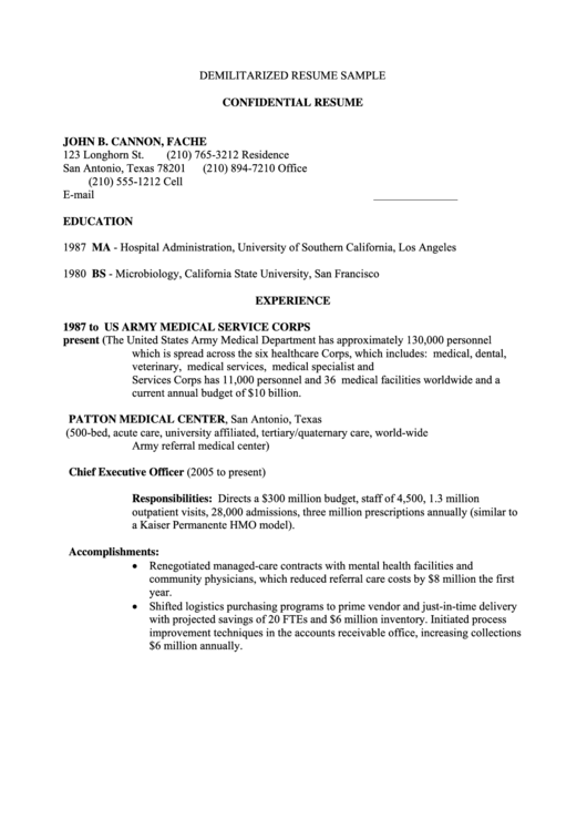 Demilitarized Resume Sample Printable pdf