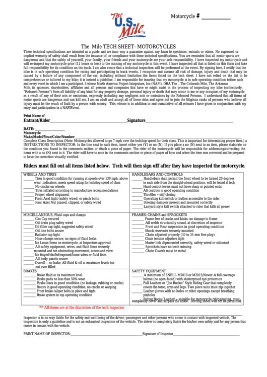 Fillable Tech Sheet Template - Motorcycles Printable pdf