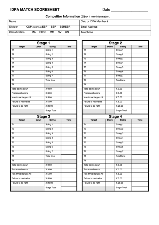 Idpa Match Scoresheet Template Printable pdf