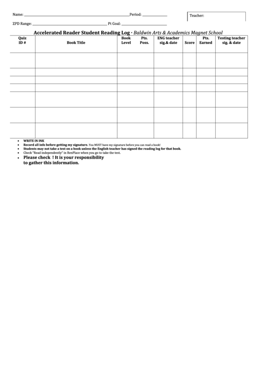 Accelerated Reader Student Reading Log Printable pdf