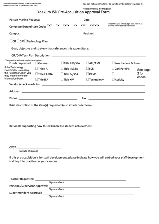 Fillable Yoakum Isd Pre-Acquisition Approval Form Printable pdf