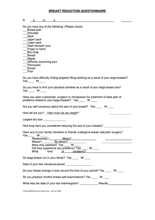 Breast Reduction Questionnaire Printable pdf