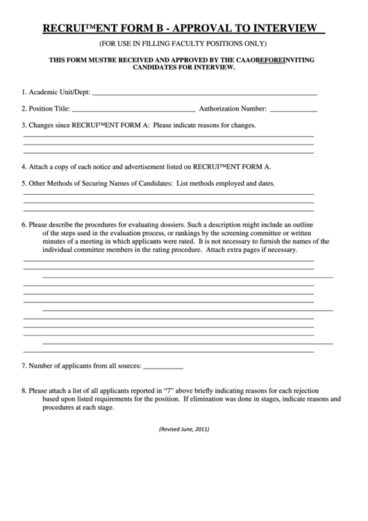 Fillable Recruitment Form B - Approval To Interview Printable pdf