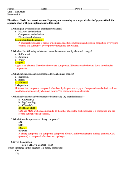 The Atom Worksheet Template (With Answers) Printable pdf