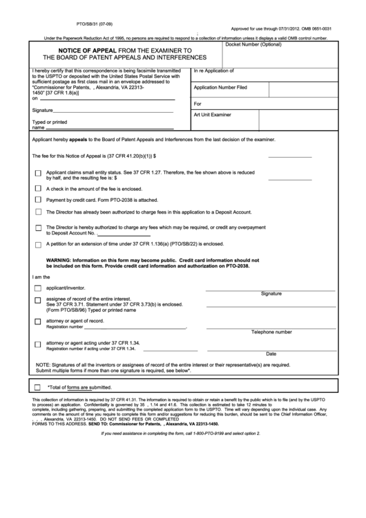 Fillable Form Pto/sb/31 - Notice Of Appeal From The Examiner To The Board Of Patent Appeals And Interferences - 2009 Printable pdf