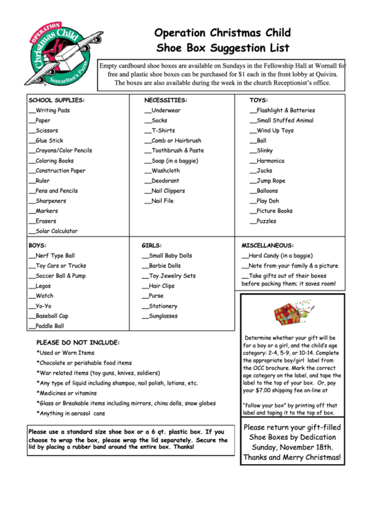 Operation Christmas Child Shoe Box Suggestion List Printable Pdf Download