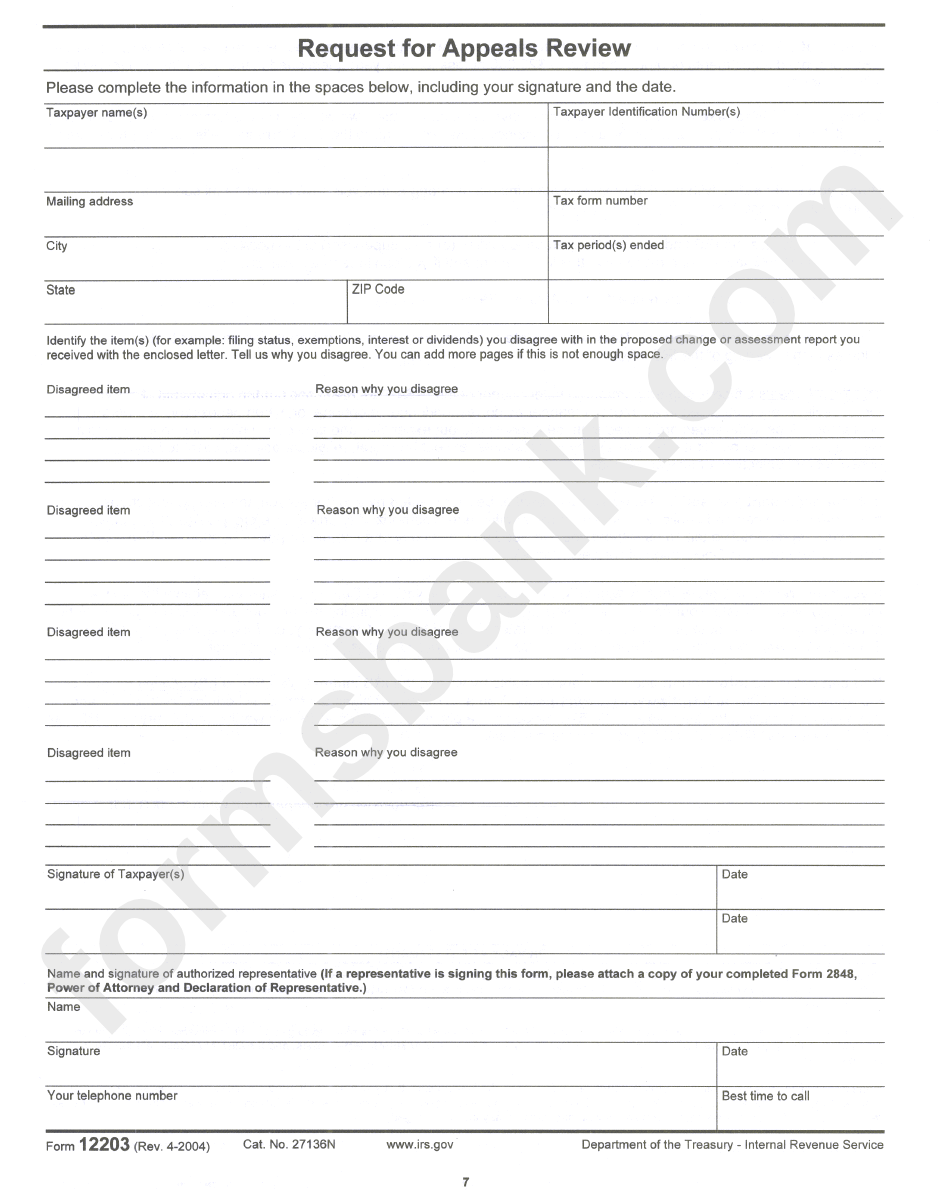 Irs Form 12203 - Request For Appeals Review