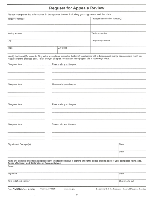 Irs Form 12203 - Request For Appeals Review Printable pdf