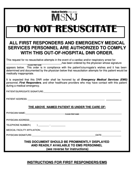 Out Of Hospital Do Not Resuscitate Form Printable Pdf Download