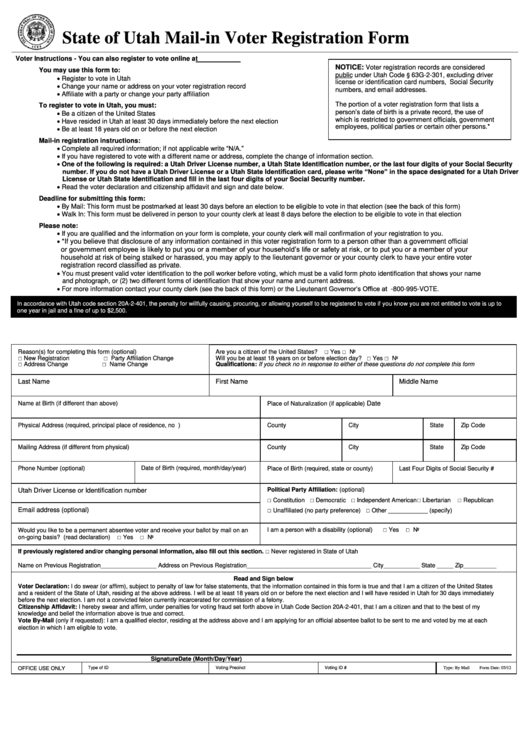 Mail-In Voter Registration Form - State Of Utah - 2012 Printable pdf