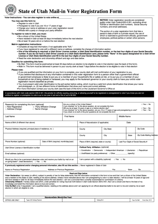 State Of Utah Mail-In Voter Registration Form Printable pdf