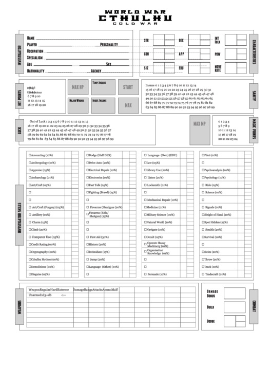 World War Cthulhu Cold War Character Sheet Template Printable pdf