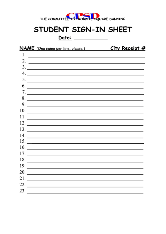 Student Sign-In Sheet Printable pdf