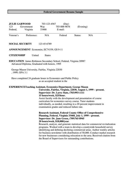 Federal Government Resume Sample