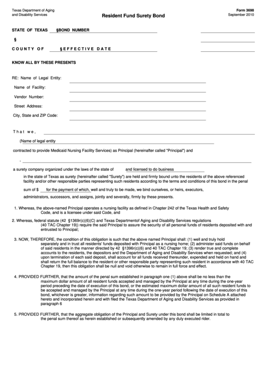 Form 3698, 2010, Resident Fund Surety Bond Printable pdf