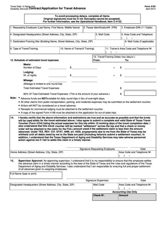 Form 4102, 2014, Contract/application For Travel Advance Printable pdf