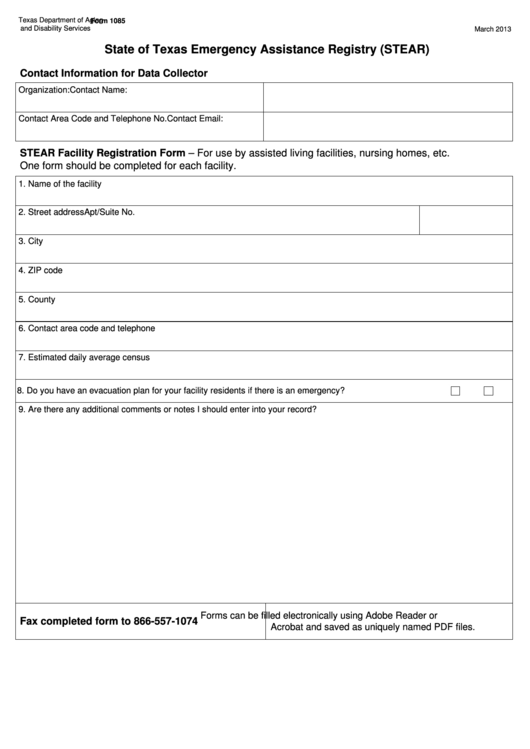 Fillable Form 1085, 2013, State Of Texas Emergency Assistance Registry Printable pdf