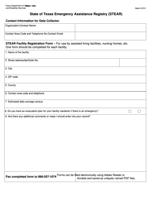 Fillable Form 1085 2013 State Of Texas Emergency Assistance Registry Printable Pdf Download