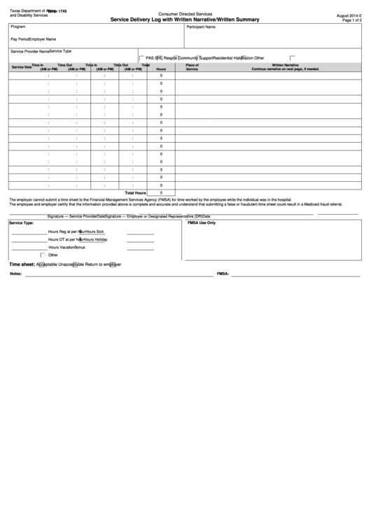 Fillable Form 1745 - Service Delivery Log With Written Narrative/written Summary - 2014 Printable pdf