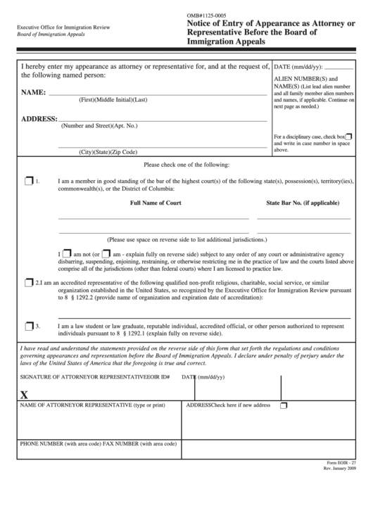 Fillable Form Eoir-27, 2009, Notice Of Entry Of Appearance As Attorney Or Representative Before The Board Of Immigration Appeals Printable pdf