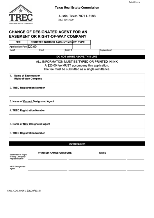 Fillable Change Of Designated Agent For An Easement Or Right-Of-Way Company Printable pdf