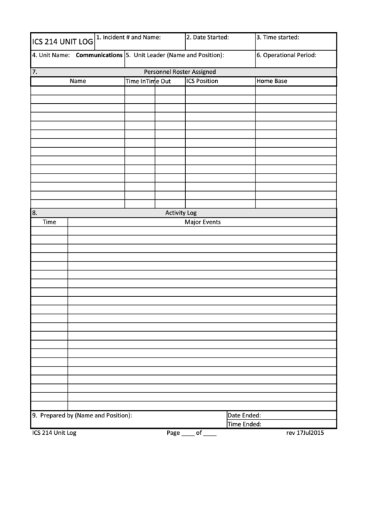 Ics 214 Unit Log Form Printable pdf
