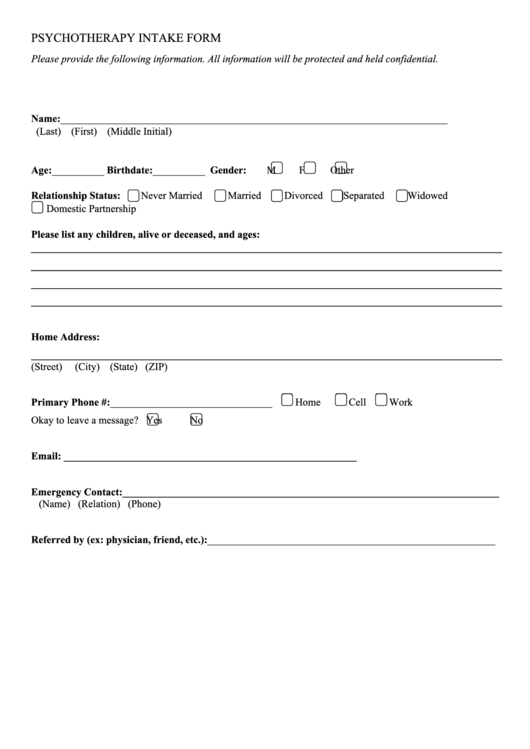 Psychotherapy Intake Form printable pdf download