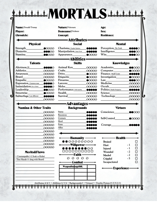 Fillable Vampire: The Masquerade 20th Aniversary Character Sheet Printable pdf