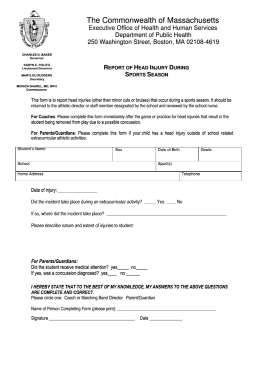 Report Of Head Injury During Sports Season Form Printable pdf