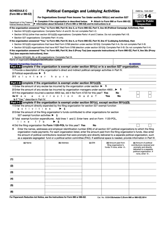 Fillable Schedule C (Form 990 Or 990-Ez) - Political Campaign And Lobbying Activities - 2014 Printable pdf