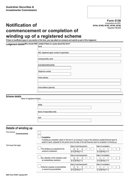 Form 5138, Notification Of Commencement Or Completion Of Winding Up Of A Registered Scheme Printable pdf