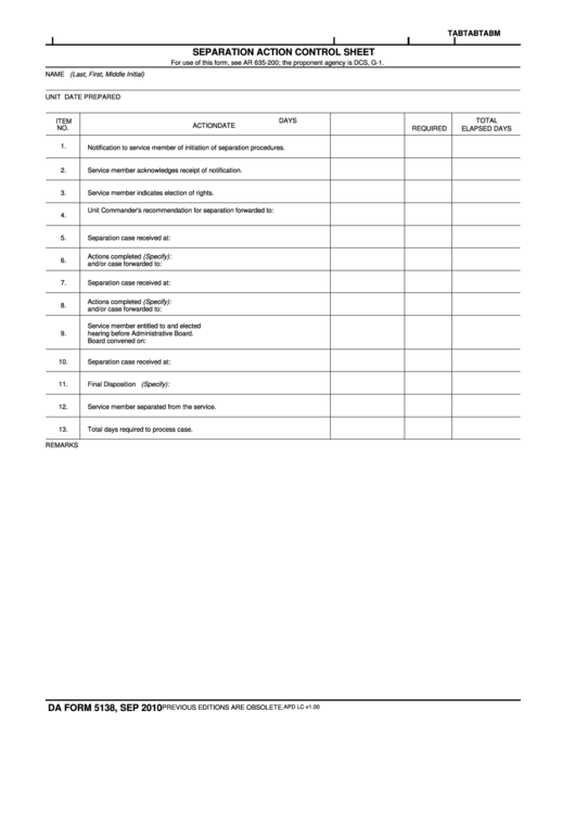 Fillable Da Form 5138, 2010, Separation Action Control Sheet Printable pdf