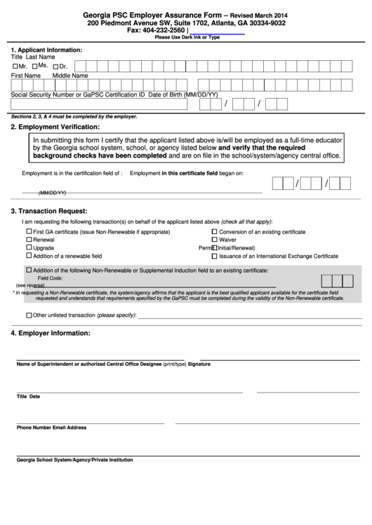 Fillable 2014 Employer Assurance Form Printable pdf