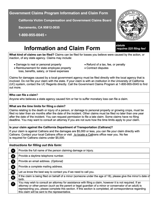 Fillable Government Claims Program Information And Claim Form Printable pdf