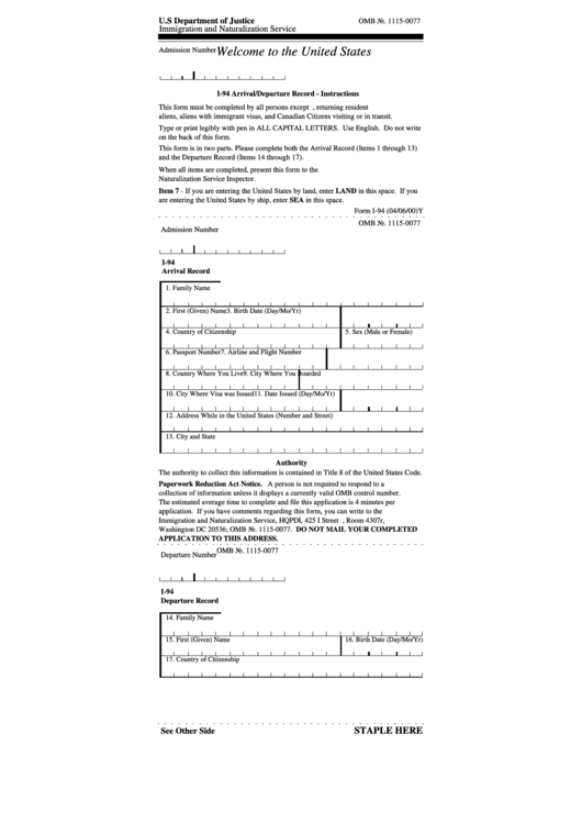 Uscis Form I-94 - Arrival/departure Record (With Instructions) Printable pdf