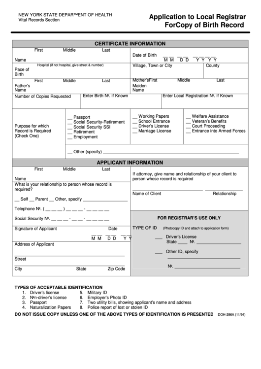 Form Doh-296a - Application To Local Registrar For Copy Of Birth Record Printable pdf
