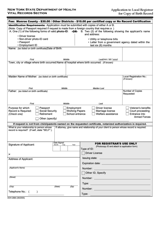 Form Doh-296a - Application To Local Registrar For Copy Of Birth Record