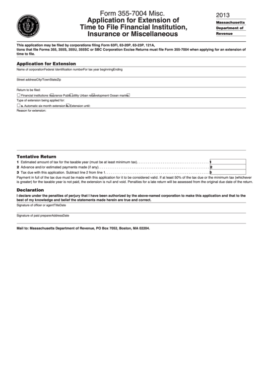 Form 355-7004 Misc. - Application For Extension Of Time To File Financial Institution, Insurance Or Miscellaneous Printable pdf