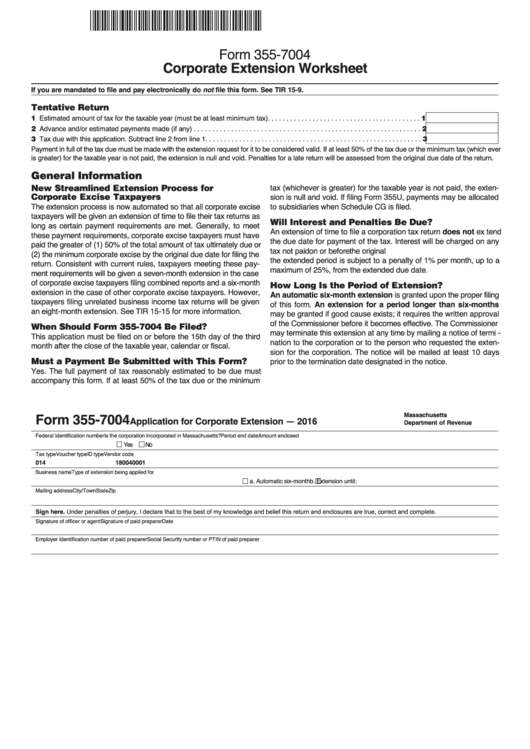 Form 355-7004 - Corporate Extension Worksheet - 2016 Printable pdf