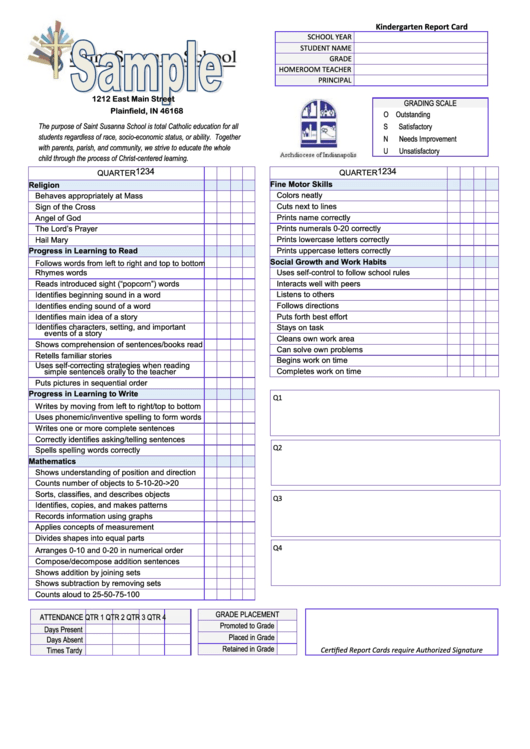 Kindergarten Report Card - Sample Printable pdf