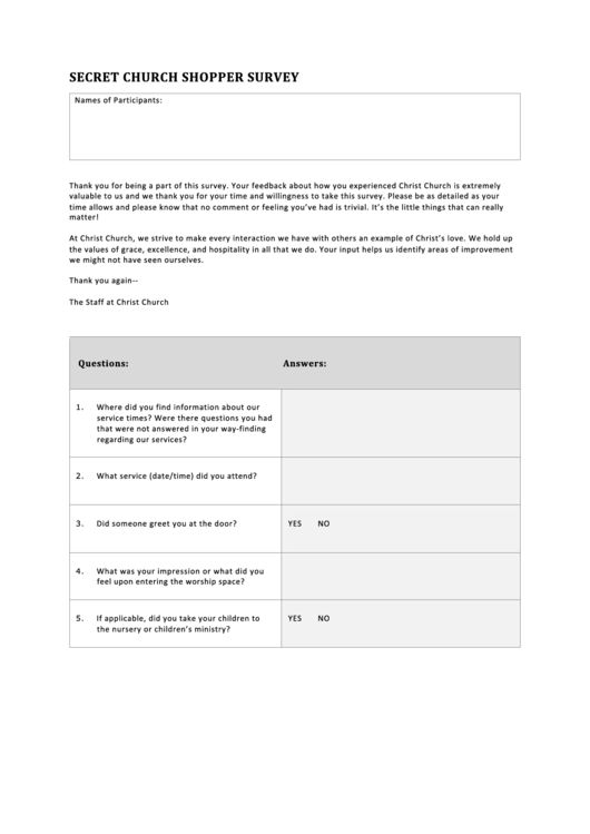 Secret Church Shopper Survey Printable pdf