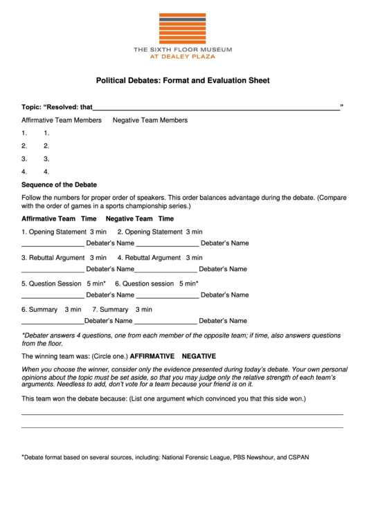 Political Debates: Format And Evaluation Sheet Printable pdf