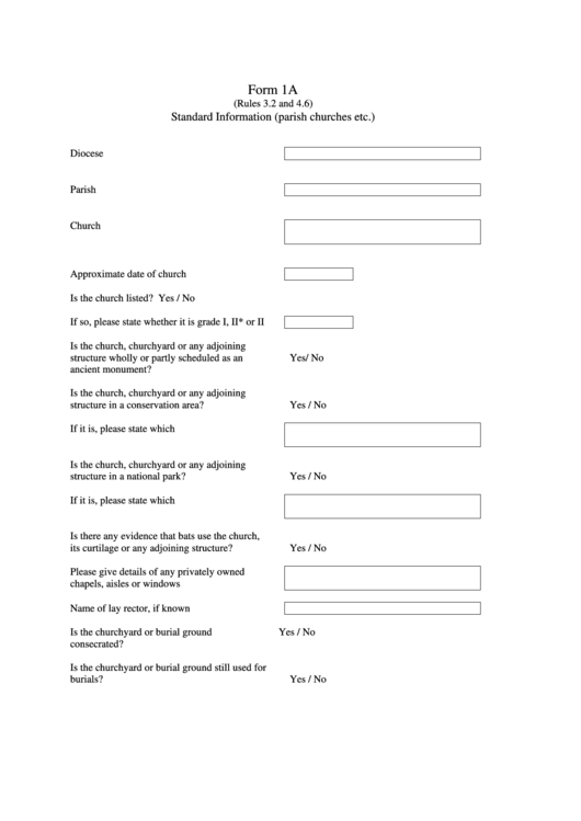 Form 1a - Standard Information (Parish Churches Etc.) Printable pdf