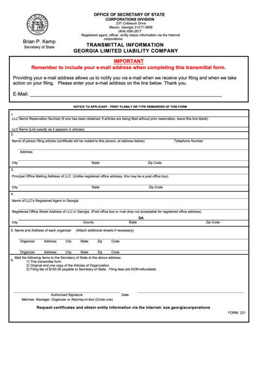 Fillable Form 231 - Transmittal Information Georgia Limited Liability Company Printable pdf
