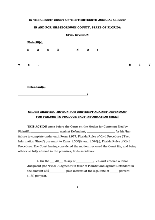 Fillable Order Granting Motion For Contempt Against Defendant For Failure To Produce Fact Information Sheet - Hillsborough County Circuit Court Printable pdf